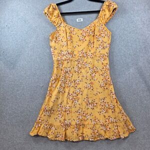 Old Navy Yellow Floral Ruffle Cap Sleeve Mini Dress Smocked Back Womens Small